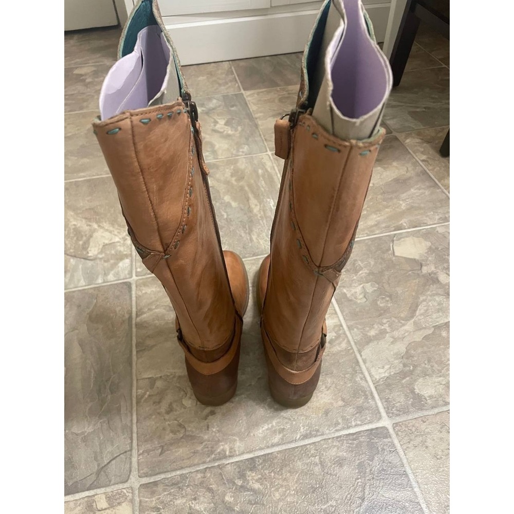 Roan Bed Stu Karolus Riding Boots Womens 6.5 Pecan Leather Harness Moto Side Zip - Picture 5 of 13